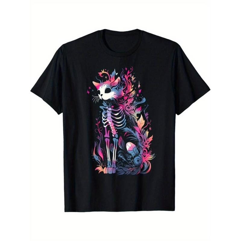 Casual T-shirt Creepy Cute Cat Skeleton T-Shirt - Pastel Goth Graphic Tee for Men
