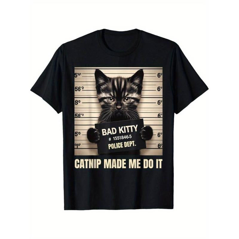 Casual T-shirt Naughty Kitty Jail Photo Catnip Made Me Do It Cat Mugshot T-Shirt for Men Women, Unsex Short Sleeve,...