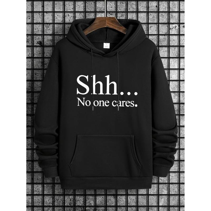 Casual hooded sweatshirt in black, loose fit for men, casual style. "Shh... No one will care." Printed hooded sweatshirt...