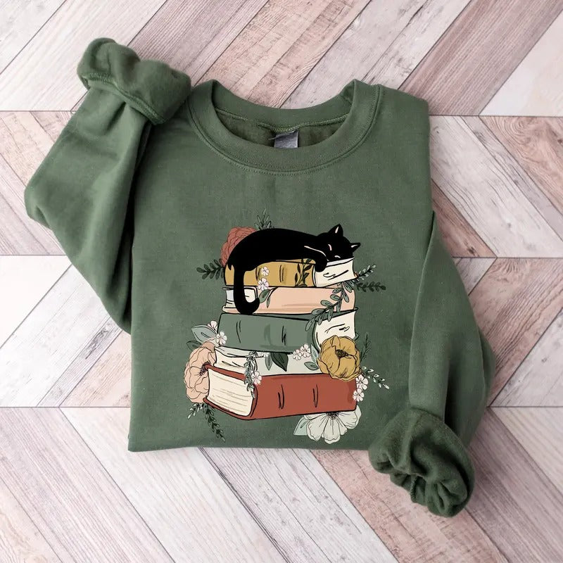 Cat Book Sweatshirt, Books and Cats Hoodie, Reading Shirt, Cat Lover T-Shirt, Gift for Cat Lover, Gift for Book Lovers,...