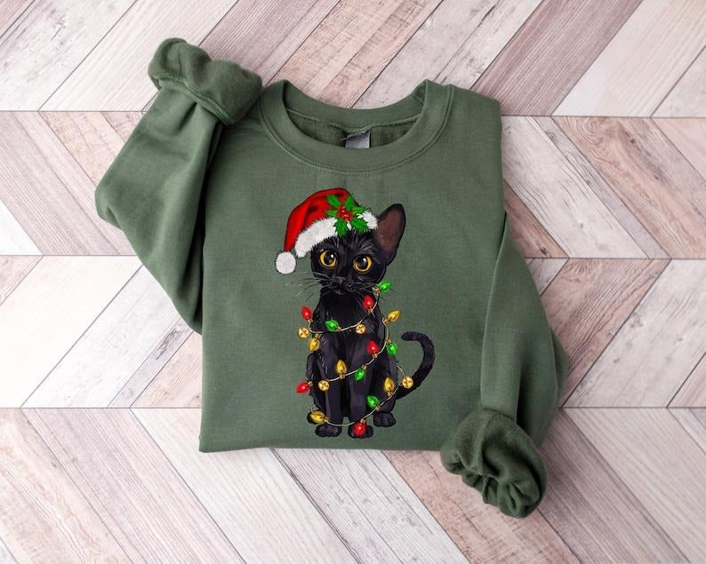 Cat Christmas Sweater, Christmas Cat Sweatshirt, Black Cat Christmas Shirt, Kitten Christmas Shirt, Cat Lover Gift, Cat...