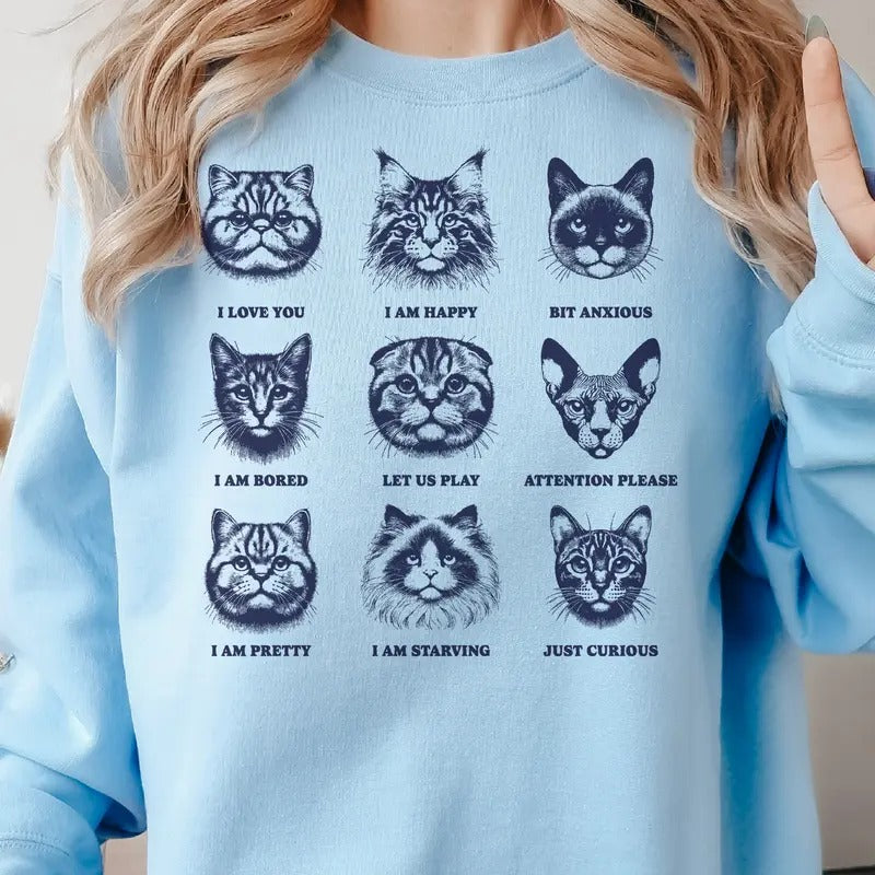 Cat Collage Sweatshirt Cat Attitude Pullover Funny Cat Face Feeling Collage Sweatshirt Casual Womens Top Unisex...