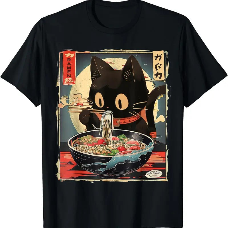 Cat Eating Ramen Noodles Anime Gift T-Shirt | Tee for Men & Women | Cotton Hoodie, Sweatshirt | HypeCrazeTee.com
