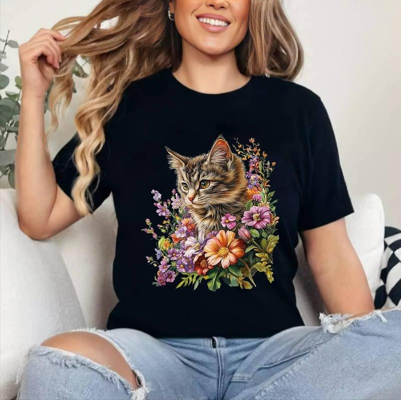 Cat Flower Floral Cute Kitten Graphic T-Shirt , Cotton 100%, Top Womenswear Hoodie, Sweatshirt | HypeCrazeTee.com