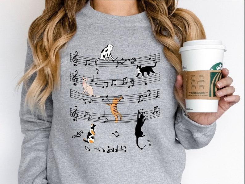 Cat Funny Music Notes Funny Musician Cute Music Cat Music Lover Music Note ; Cotton Polyester Womenswear Light T-Shirts, Hoodie, Sweatshirt