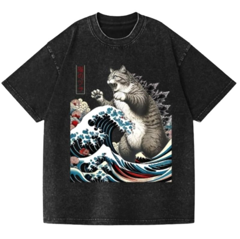 Cat Godzilla Ukiyoe Great Wave Vintage Wash Japanese Design T-Shirt Womenswear Top Comfort Streetwear Summer Hoodie,...