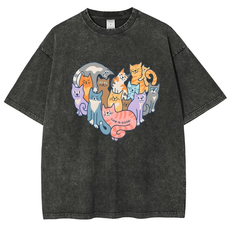 Cat Heart Unisex Summer outfits men streetwear 80s 90s graphic tees cotton funny washed tshirt men gifts Hoodie, Sweatshirt