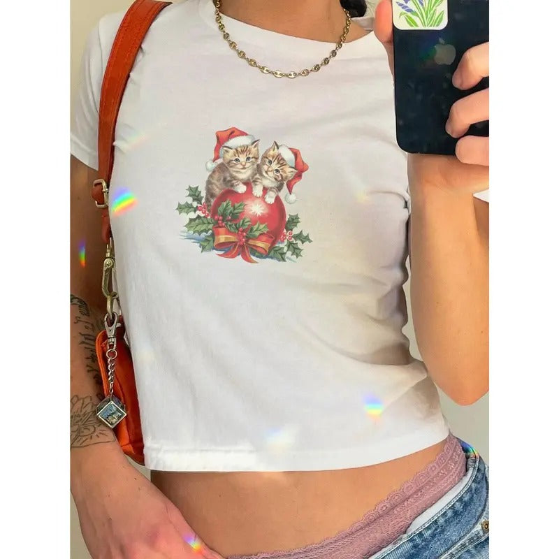 Cat Kitten Coquette Christmas Baby tee, Womens Christmas Baby tee, Holiday Baby tee, Cat Mommy Shirt, Winter Shirt Casual...