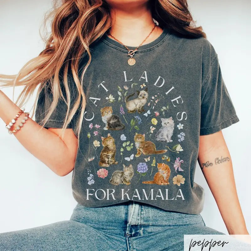 Cat Ladies for Kamala Shirt, Cottagecore Kittens Kamala Harris Voting 2024 Presidential Election Cat Person Political Tee...