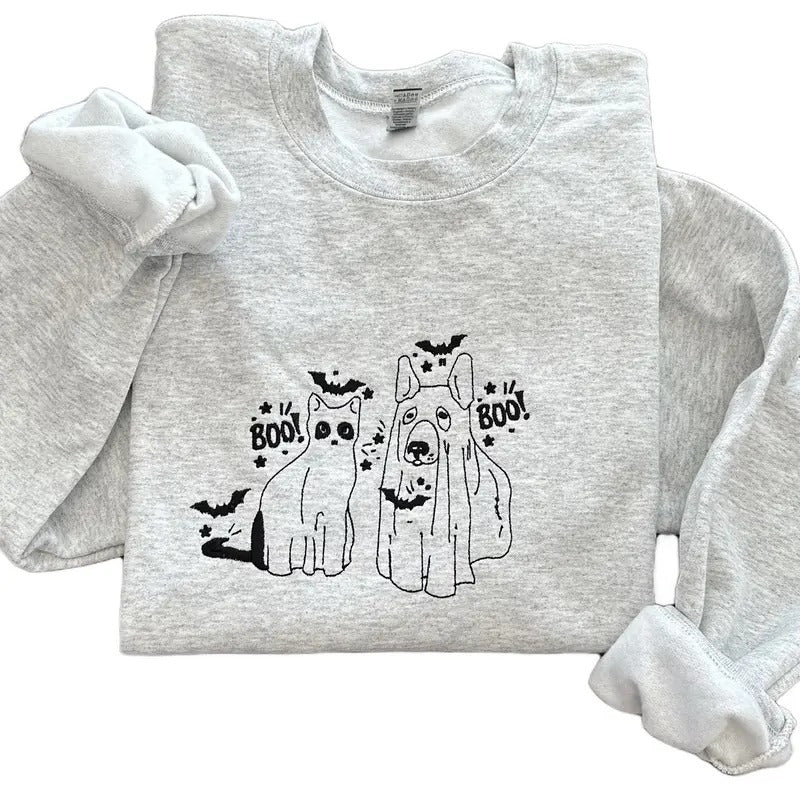 Cat and Dog Ghost Halloween Embroidered Crewneck Sweatshirt Comfort T-Shirts, Hoodie | HypeCrazeTee.com