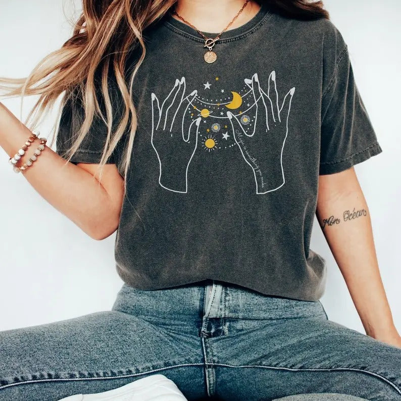 Celestial Shirt  Shirt Sun Moon Phase Tshirt Astrology Astronomy Tee Wild Flowers Boho Vintage Oversized Shirt Floral...