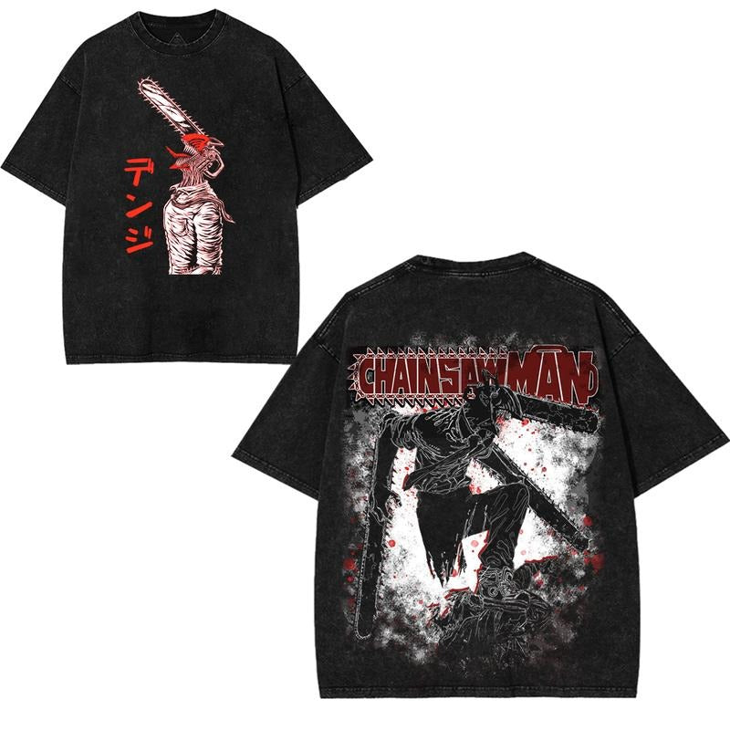 Chainsaw Man Denji Devil Form Tshirt Unisex Oversized Anime Streetwear Tee Vintage Washed Cotton Top Japanese Manga Style...