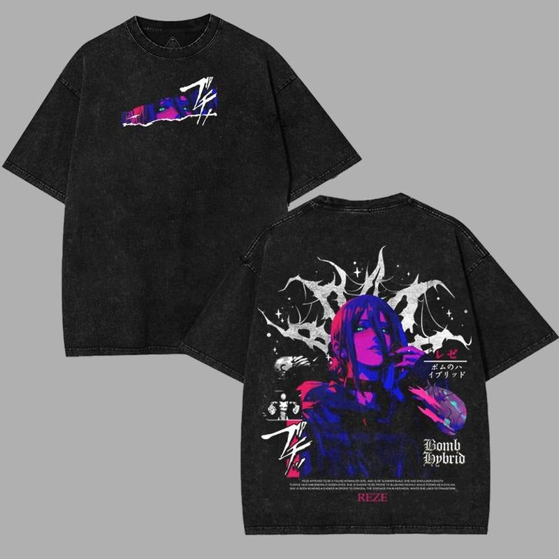 Chainsaw Man Denji pochita Reze  bomb devil arc Anime Manga 2 sided Washed T-shirt Cotton Unisex Clothes Menswear graphic...