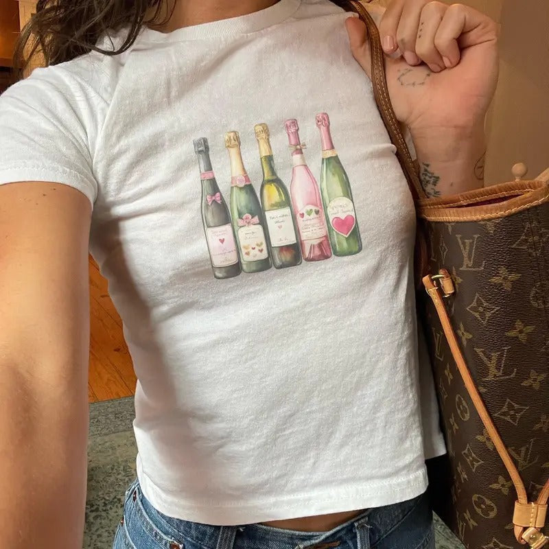 Champagne Bottle Baby Tee for Women - Pop Champagne Celebration T-Shirt