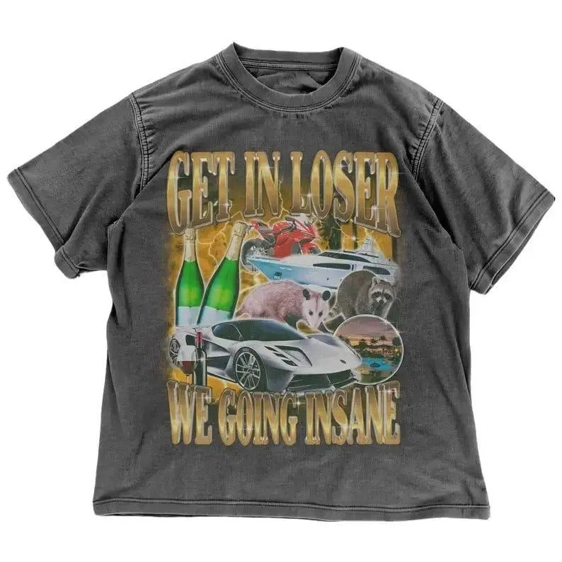 Chaotic Raccoon Meme T-Shirt | Get In Loser We Going Insane | Y2K Trash Panda Tee | Opossum Graphic Tee | Sarcastic Shirt...