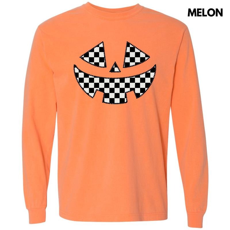 Checker Jack O Lantern Face Long Sleeve Comfort Colors T-Shirt 'NLB' Hoodie, Sweatshirt | HypeCrazeTee.com