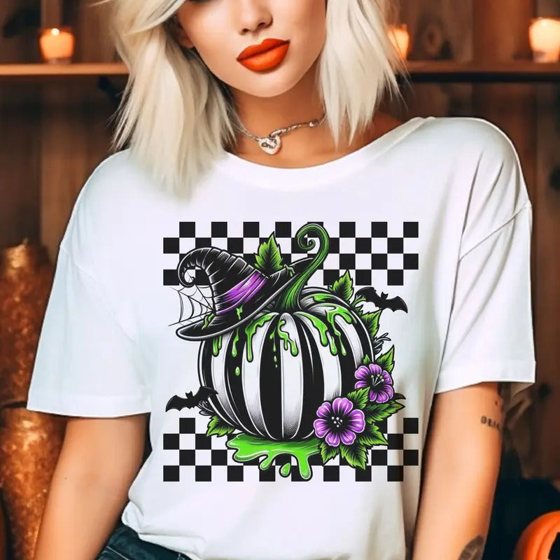 Checkerboard Black Stripe Pumpkin tee Halloween Black and White Pumpkin Tshirt Retro Checkerboard Halloween T-Shirt...