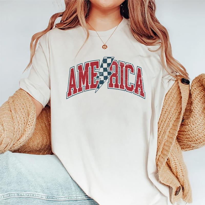 Checkered America Shirt, Patriotic Graphic Printed Tee, Independence Day Shirt, Unisex Vintage Flag T-Shirt, Freedom...