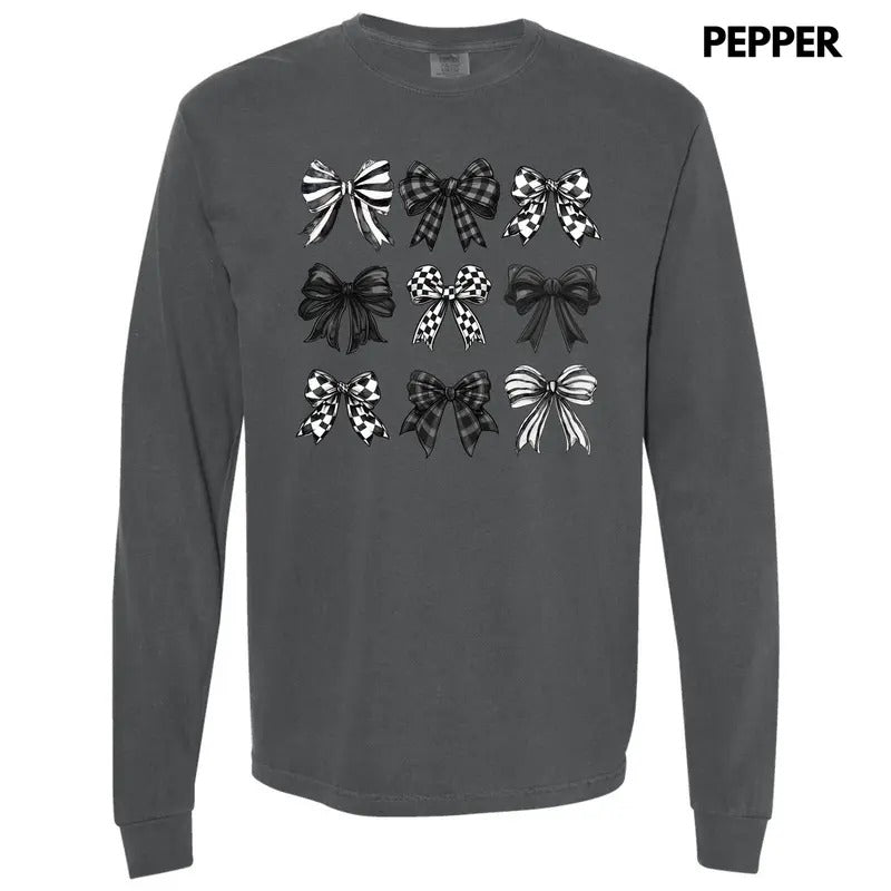 Checkered Black Bow Collage Long Sleeve Comfort Colors T-Shirt 'NLB' Hoodie, Sweatshirt | HypeCrazeTee.com