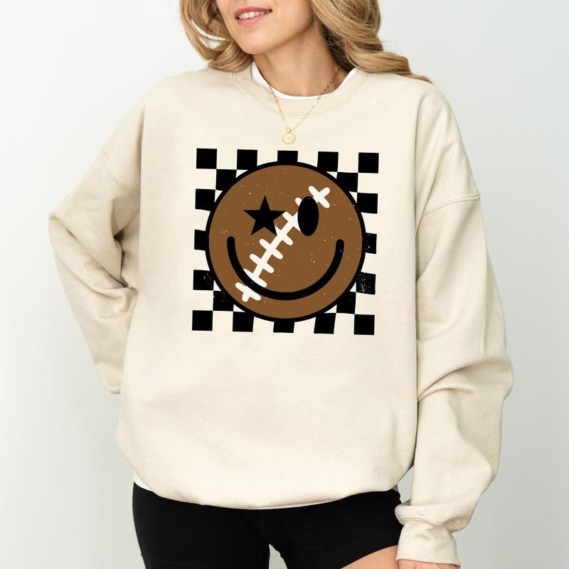 Checkered Board Football Season Sweatshirt, Football Vibes Happy Face Sweater, Game Day Apparel, Smile Face Football...