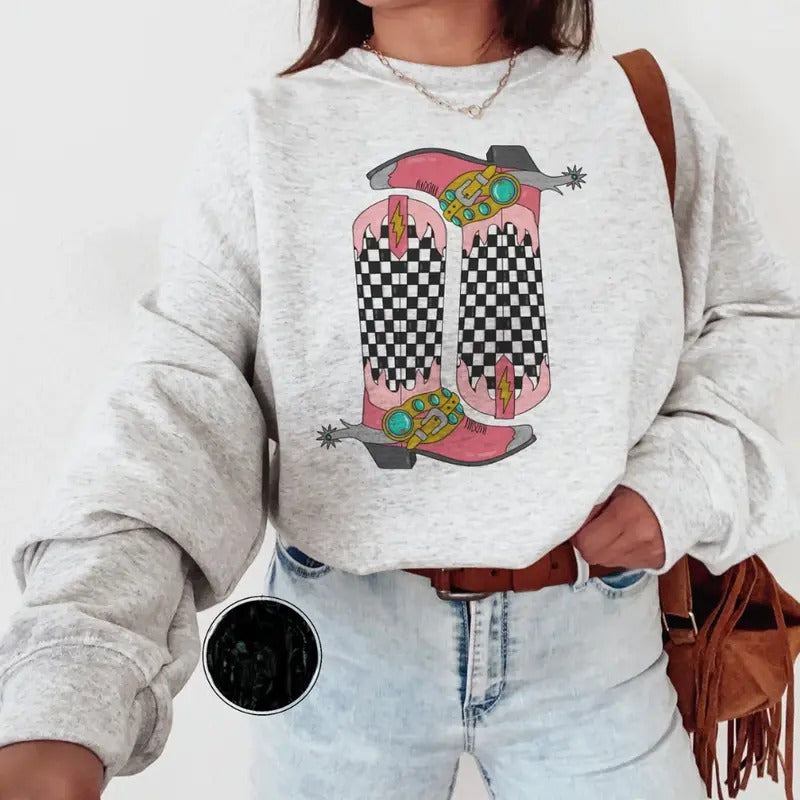 Checkered Boots Sweatshirt, western clothing hoodies, western outfits women, western tops T-Shirts | HypeCrazeTee.com