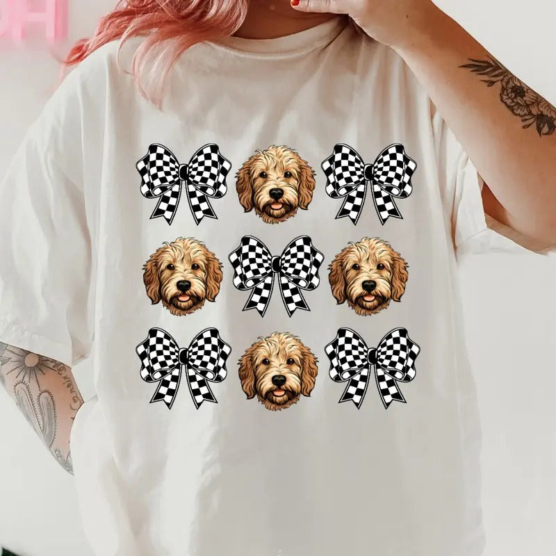 Checkered Bows & Goldendoodle Shirt ~ Unisex Apparel Relaxed Fit Printed In The USA Clothing Womenswear Casual Comfort...