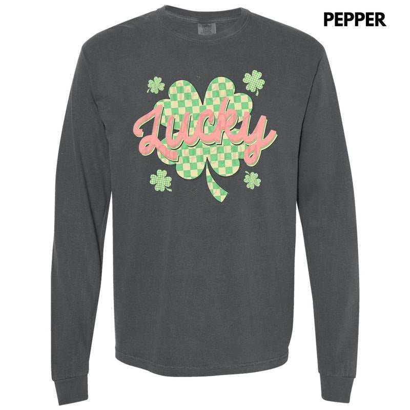 Checkered Lucky Shamrock Long Sleeve Comfort Colors T-Shirt Hoodie, Sweatshirt | HypeCrazeTee.com