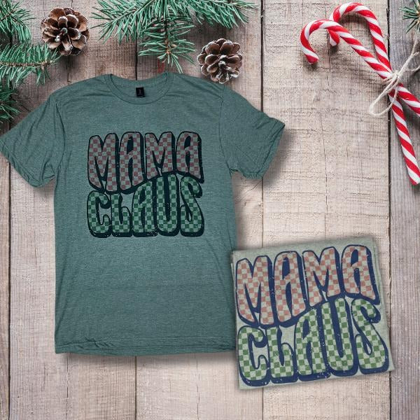Checkered Mama Claus Tshirt- Soft Unisex Fit- Military Green Hoodie, Sweatshirt | HypeCrazeTee.com