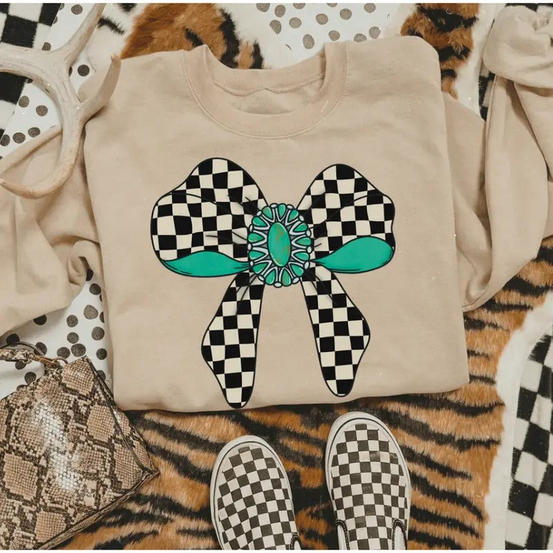 Checkered Turquoise Ribbon Sweatshirt, western clothing hoodies, western outfits women, western tops T-Shirts