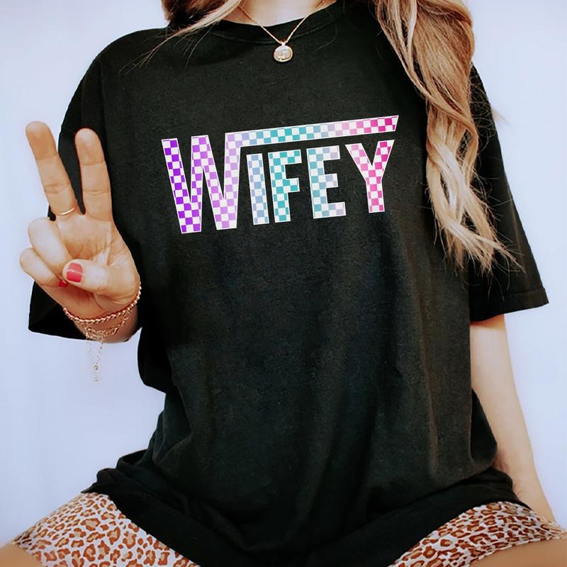 Checkered Wifey Tee, Newlywed Graphic Tee Women, Wedding Gift Shirt, Bridal Shower Gift Tee, Bride Bachelorette Party...