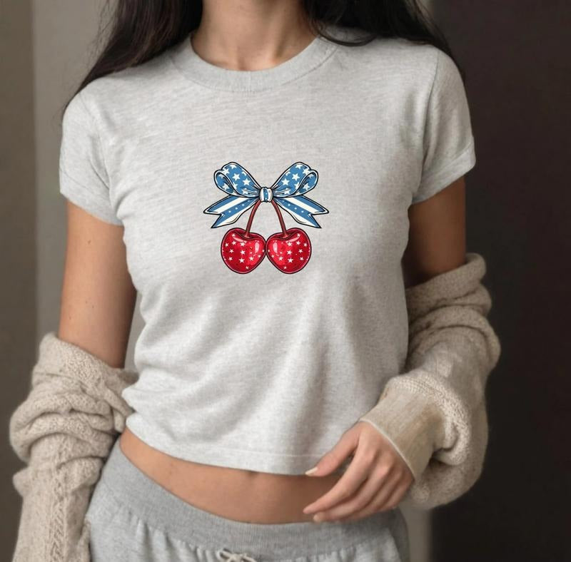 Cherries 4th Of July Baby Tee, Coquette Bow USA Flag Baby Tee, USA Independence Day T-Shirt, 4th Of July Baby Tee, Fourth...