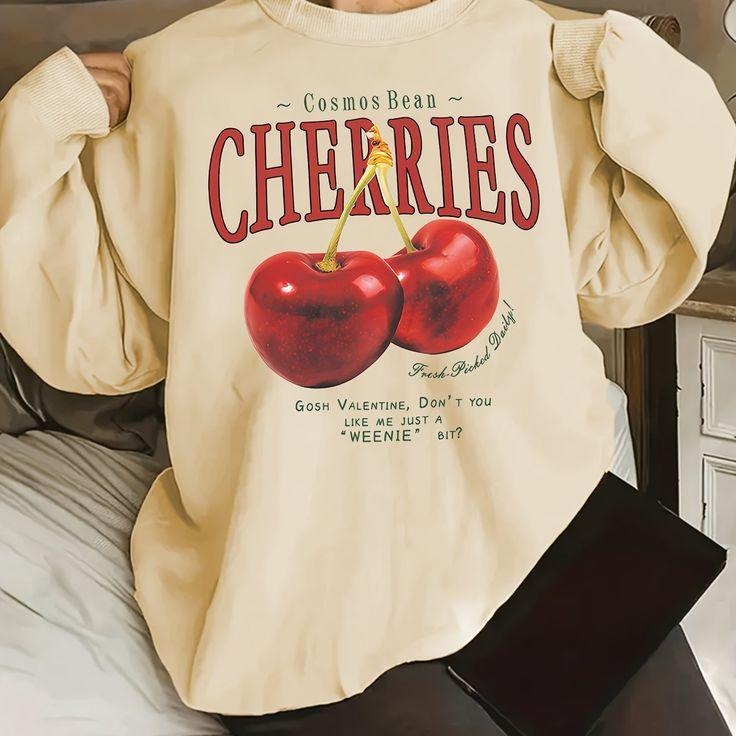 Cherry & Letter Print Sweatshirt, Casual Crew Neck Sweatshirt, Women's Clothing T-Shirts, Hoodie | HypeCrazeTee.com