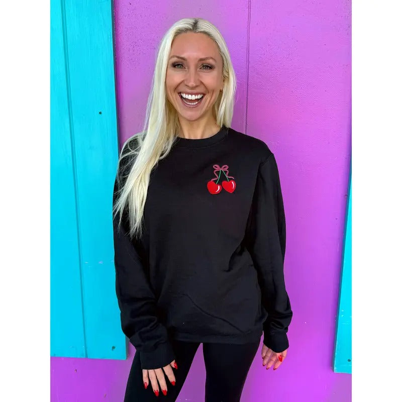 Cherry Bow Embroidered Black Sweatshirt T-Shirts, Hoodie | HypeCrazeTee.com