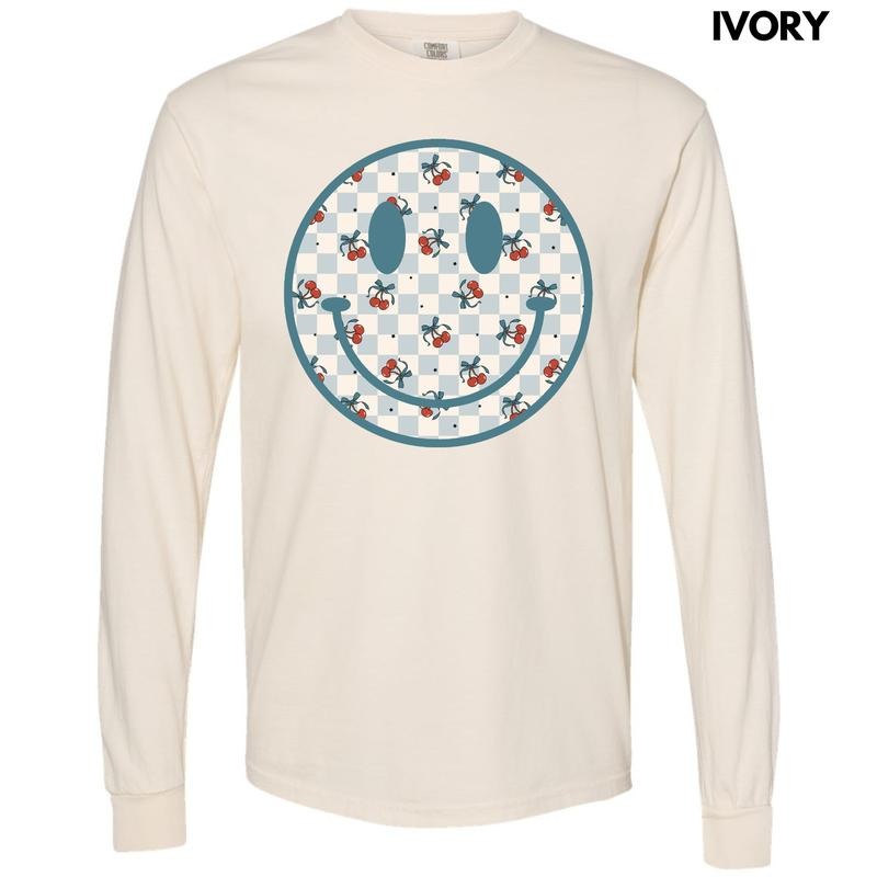 Cherry Checkered Happy Face Long Sleeve Comfort Colors 'NLB' T-Shirts, Hoodie, Sweatshirt