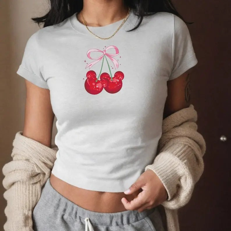 Cherry Mouse Coquette Baby Tee, Bow Womens Y2K 90s Shirt Princess Aesthetic Top, Trendy Casual Cotton Shortsleeve Sleeve...