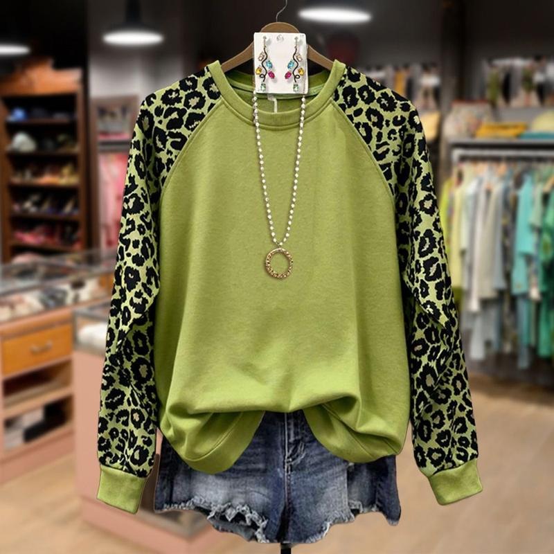 Cherrybetty 100% Cotton Leopard Print Long Sleeve Round Neck Sweatshirt Casual Everyday graphic cute popular comfort...