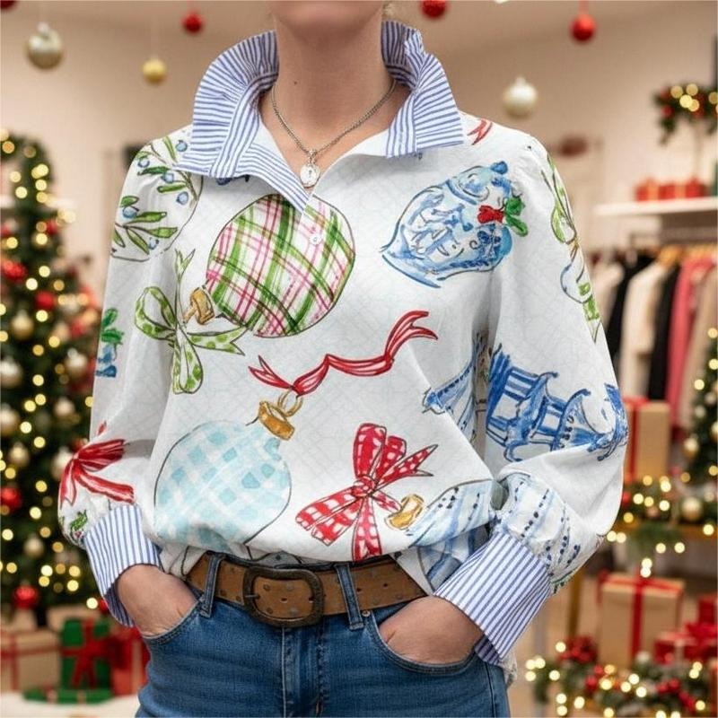 Cherrybetty Christmas Ornaments Printed Striped Collar Top Excellent Gift for Christmas and New Year Christmas Party Gift...