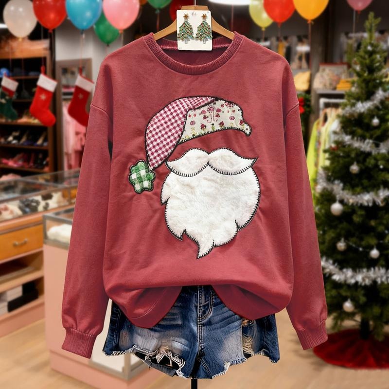 Cherrybetty Christmas Santa Embroidered Long Sleeve Sweatshirt Festive Design for Holiday Wear Women's Casual Crewneck...