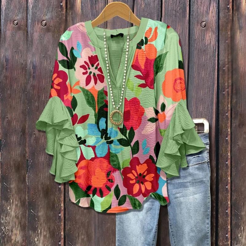 Cherrybetty Colorful Floral Print Ruffle Sleeve Top Going Outfits Blouses Women Vintage 90s Tops Funny Shirts Women...