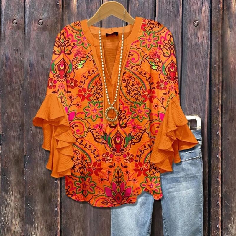 Cherrybetty Colorful Paisley Print Ruffle Sleeve Top Going Outfits Blouses Women Vintage 90s Tops Funny Shirts Women...