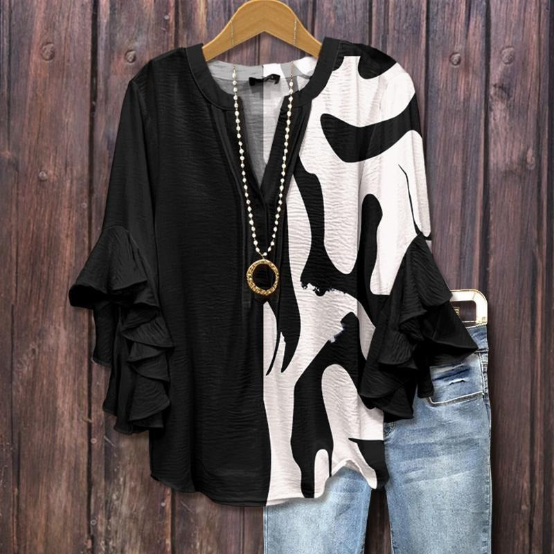 Cherrybetty Contrast Abstract Print Ruffle Sleeve Top Casual Black Comfy Womenswear Chic Elegant cute tops going tops...