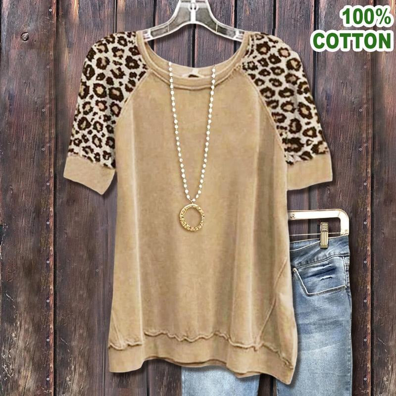 Cherrybetty Cotton Vintage Leopard Print Short Sleeve Top in for Women's Fashionable Casual Wear Womenswear Chic...