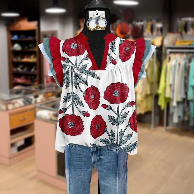 Cherrybetty Elegant Floral Print Layered Sleeve Shirts Womenswear Blouse Casual Feminine Fit Flower Leaf women's summer...