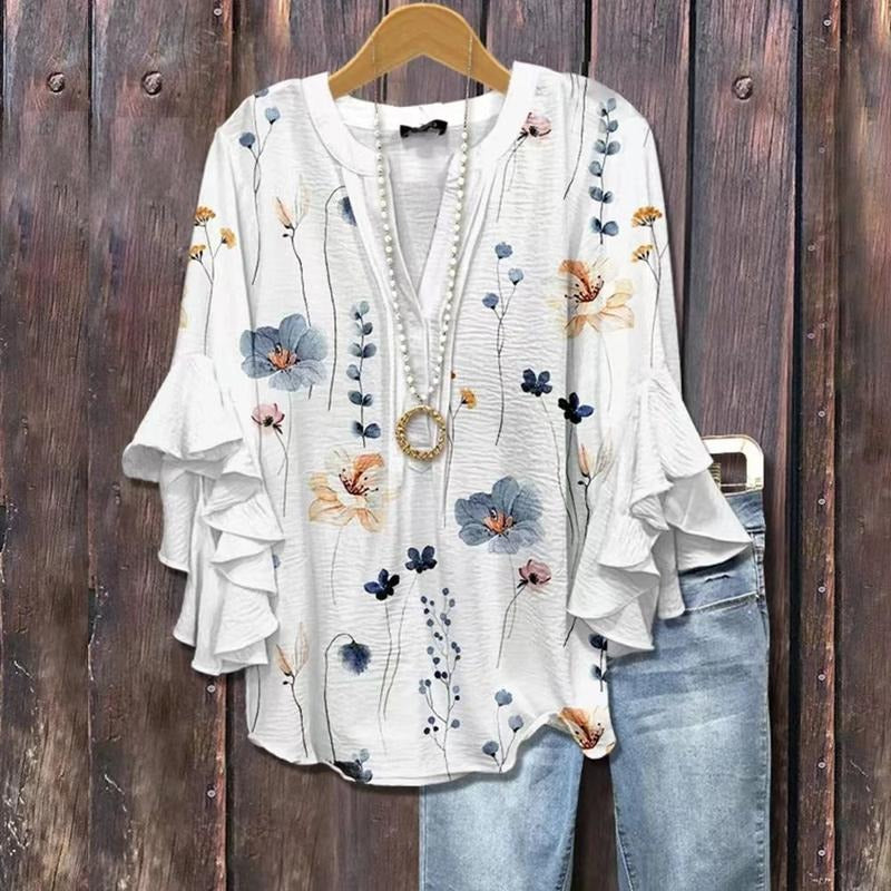 Cherrybetty Elegant Floral Print Ruffle Sleeve Top Womenswear Bohemian Breathable Casual Chic cute tops going tops...