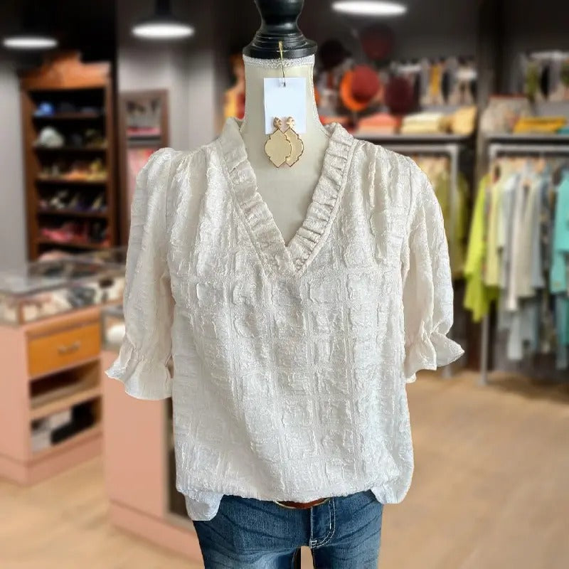 Cherrybetty Elegant Textured Ruffle Sleeve V-Neck Top Going Outfits Blouses Women Vintage 90s Tops Funny Shirts Women...