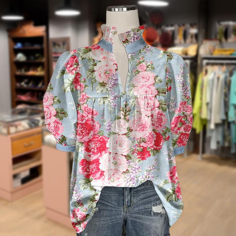 Cherrybetty Spring Floral Print Puff Sleeve Top Blue Light Shirts Womenswear Blouse Chic Flowers cute tops going tops...