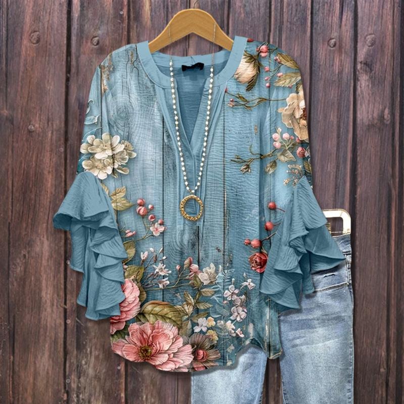 Cherrybetty Vintage Floral Print Ruffle Sleeve Top Blue Light Womenswear Bohemian Casual Chic cute tops going tops...