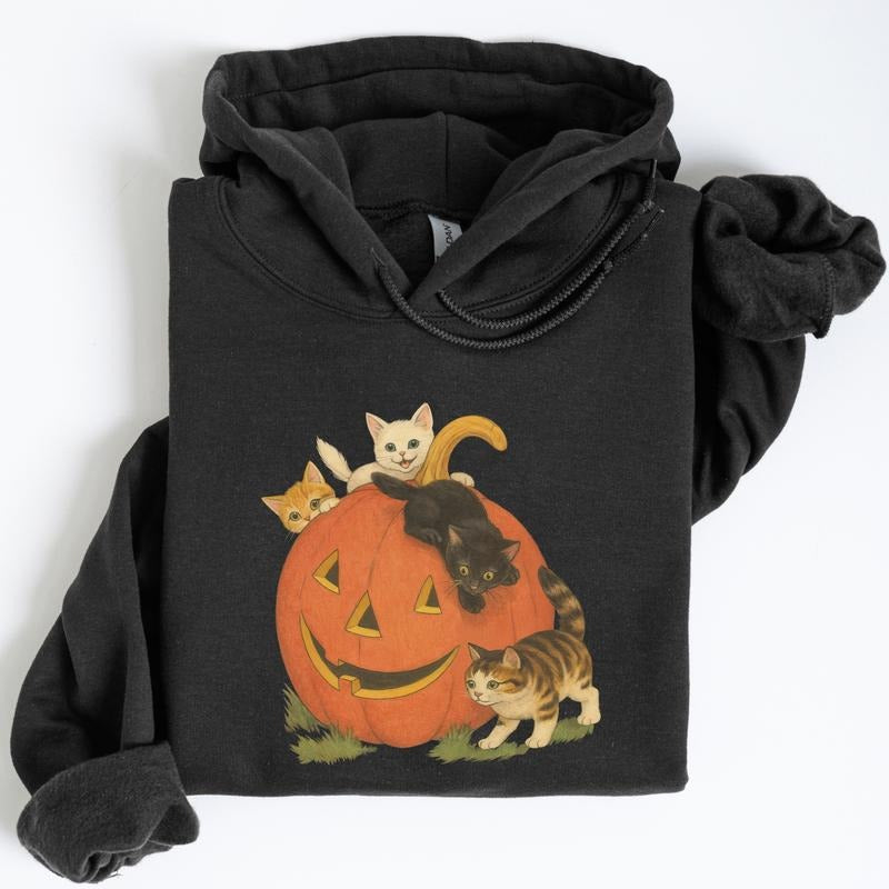 ChicCotton Vintage 90s Cat Halloween Retro Cute Cats Fall Vintage Jack O Lantern Hooded Cat Lovers Outfits T-Shirts, Hoodie, Sweatshirt