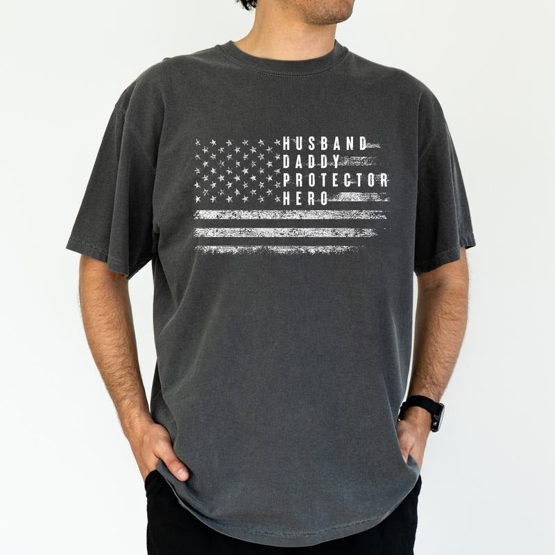 ChicCotton Vintage Husband Daddy Protector Hero Comfort Colors Graphic Tee, Retro American Flag T-shirt For Men, American...