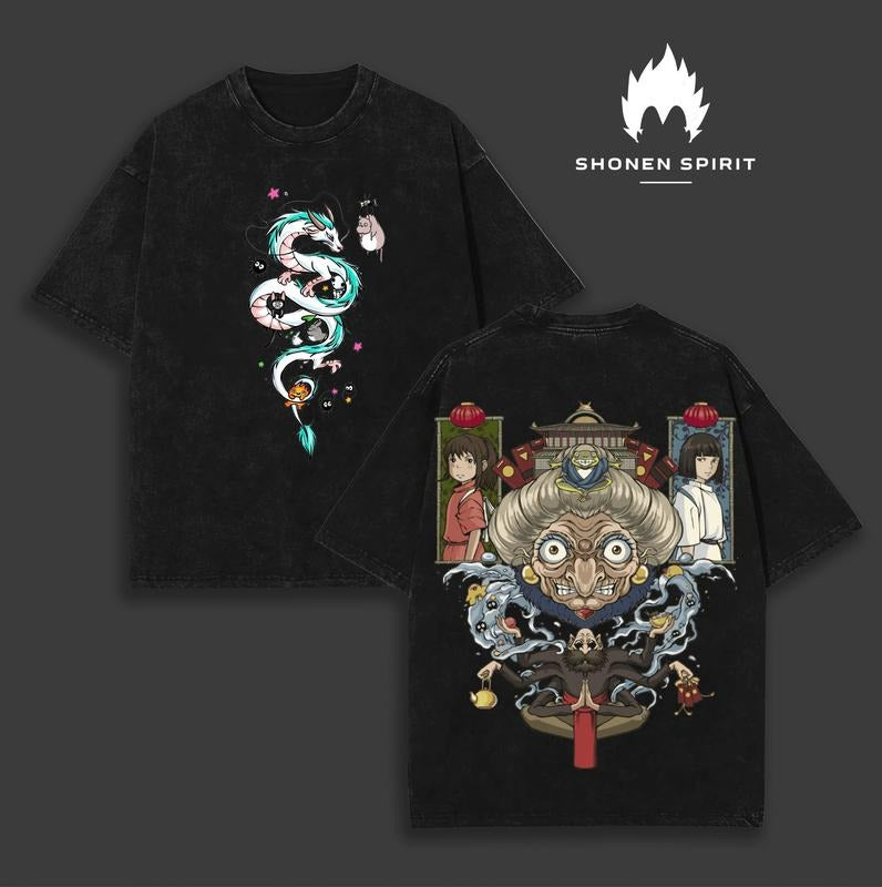 Chihiro x Haku - Spirited Away Anime Double Printed Vintage Washed Unisex Oversize Anime Manga Washed Heavyweight Cotton...